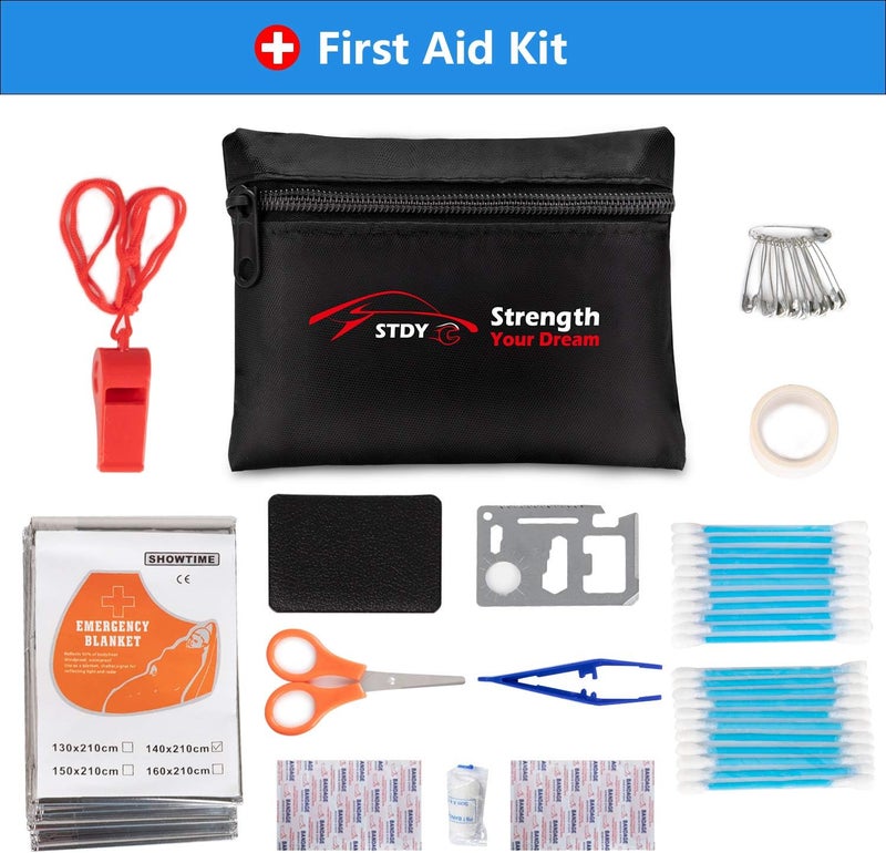 STDY Car Roadside Emergency Kit, Vehicle Truck Safety Road Side Assistance Kits Auto Accessory, with Jumper Cables, Tow Rope, Reflective Triangle, Tire Pressure Gauge, etc - Image 4